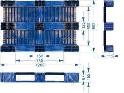 Паллет (поддон) пластиковый сплошной на 3-х полозьях, 1200x800х150 мм, серый [1200800150-02]